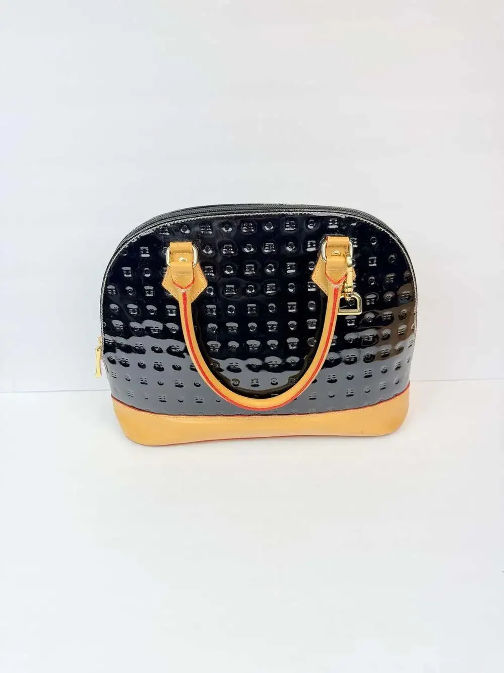 Arcadia Italian Dome Satchel Handbag in Black Patent Leather with Beige Trim